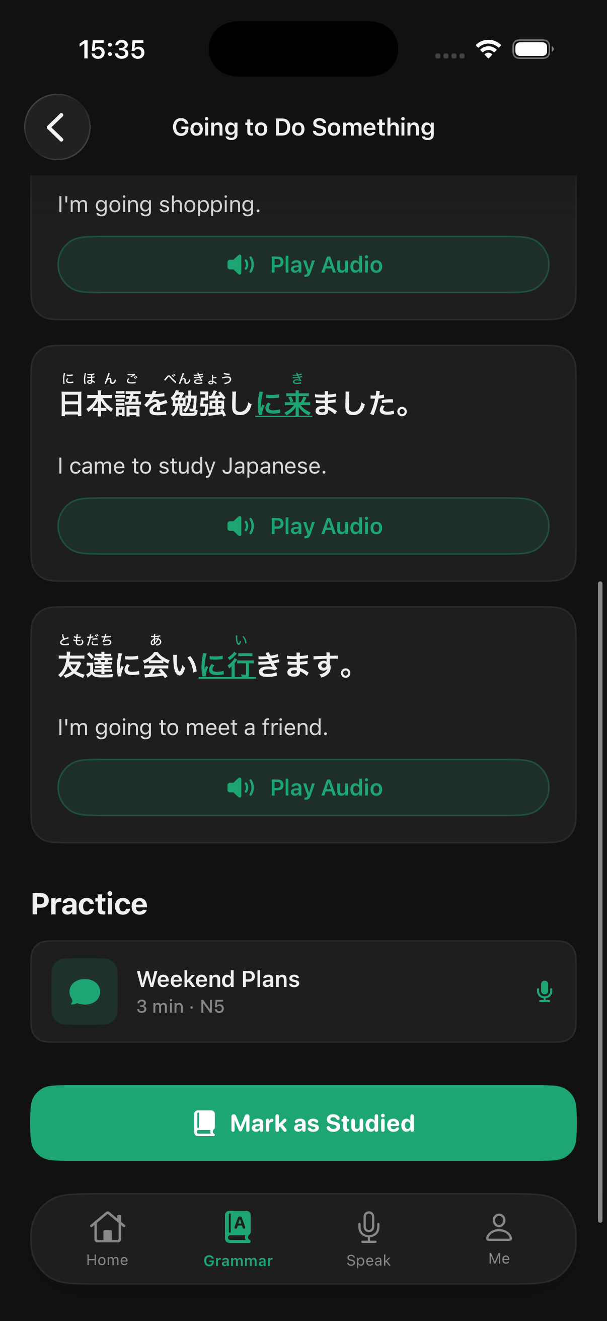 Practice scenarios linked directly from each grammar point
