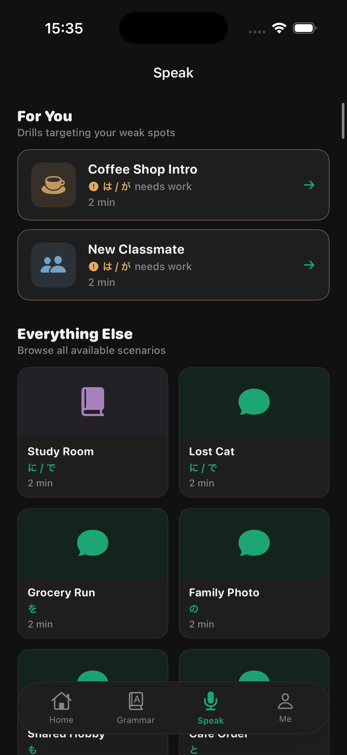 Speak tab showing personalised drills targeting weak spots